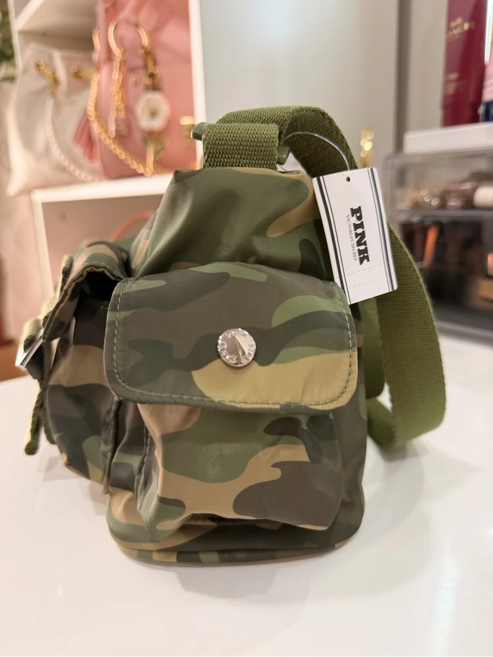 PINK Victoria's Secret Olive Camo Messenger Bag